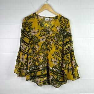 CABI Yellow Green‎ Floral V Neck Flair Bell Sleeves Blouse Top Shirt Size Small